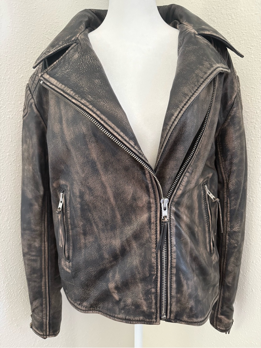 EAVES Gia Brown 100% CowNappa Leather Moto Jacket Women’s M Distressed MSRP $550
